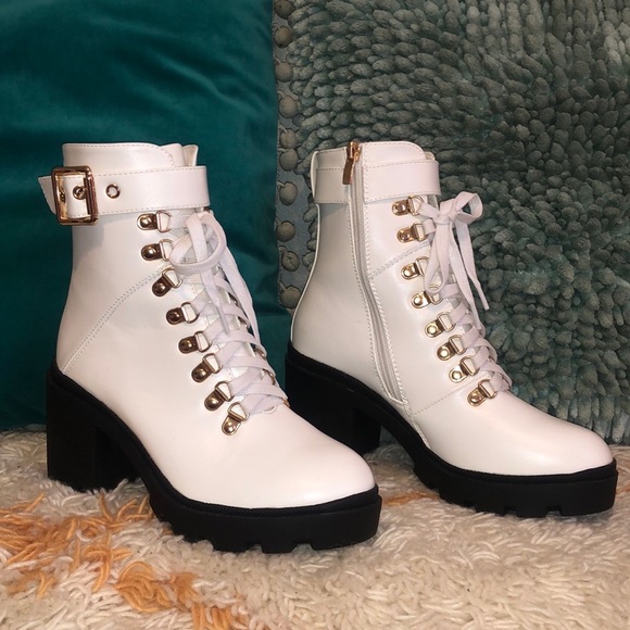 Shoes - White pleather, chunky heeled boots with gold details. New, US 6.5/ EU 37